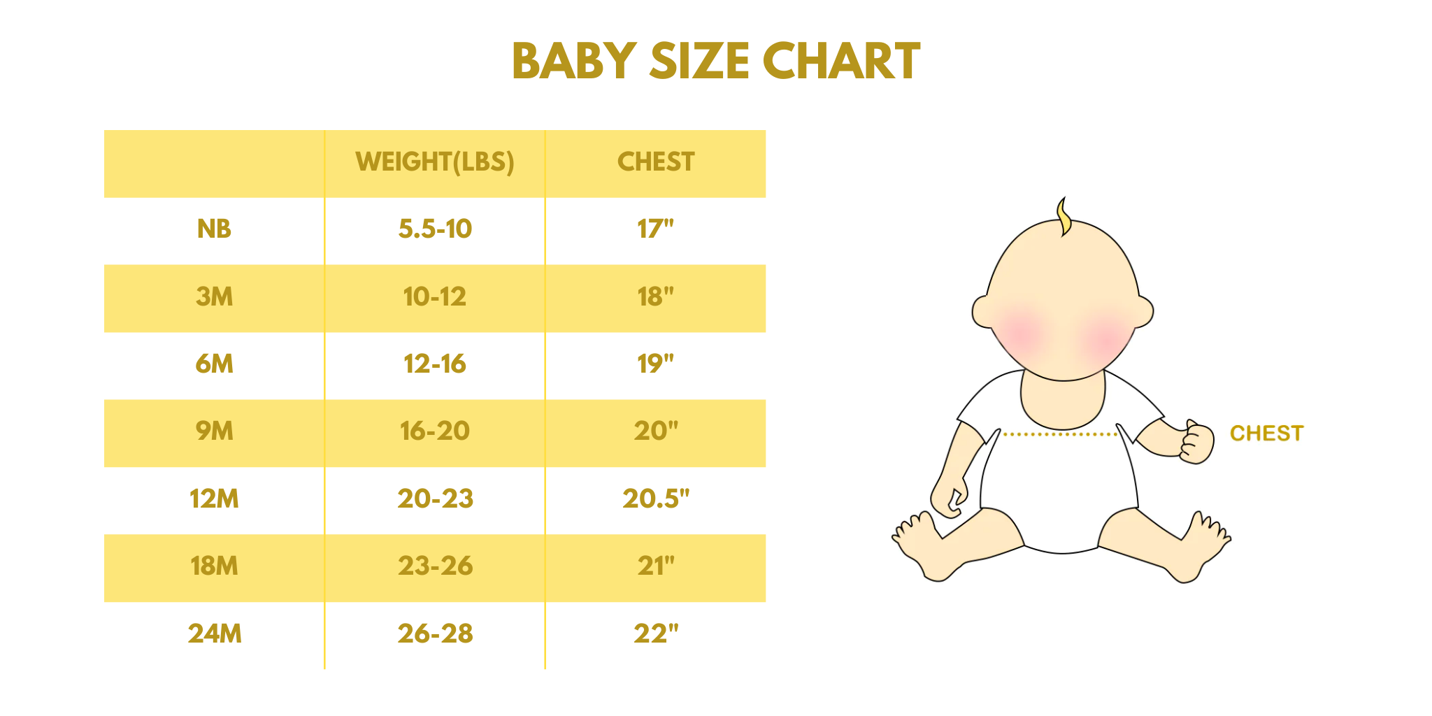 Baby sizing chart supplied by Honeydew USA. Weight and chest guide for newborn through 24 months.