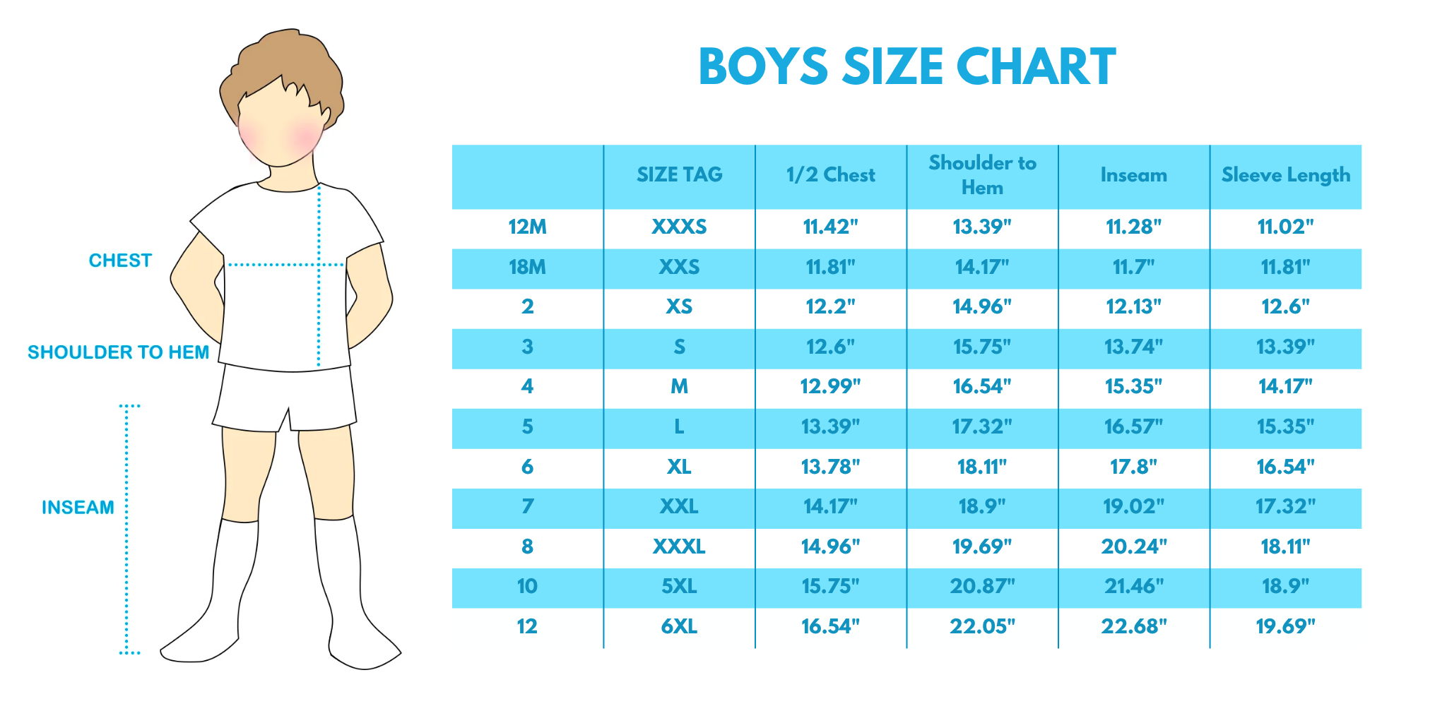 Boys: additional measurements sizing chart supplied by Honeydew USA. Half-chest, shoulder-to-hem, inseam and sleeve measurements. Half-chest is the width across a garment, not chest circumference.
