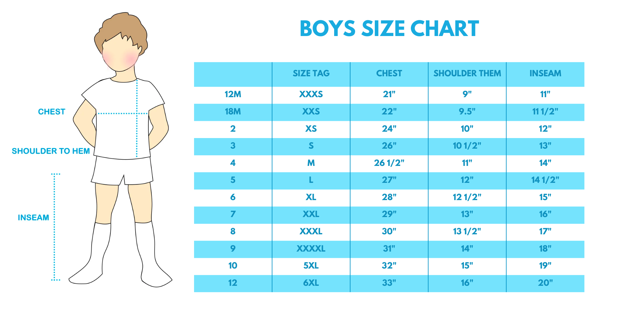 Boys sizing chart supplied by Honeydew USA. Chest, shoulder-to-hem and inseam measurements.