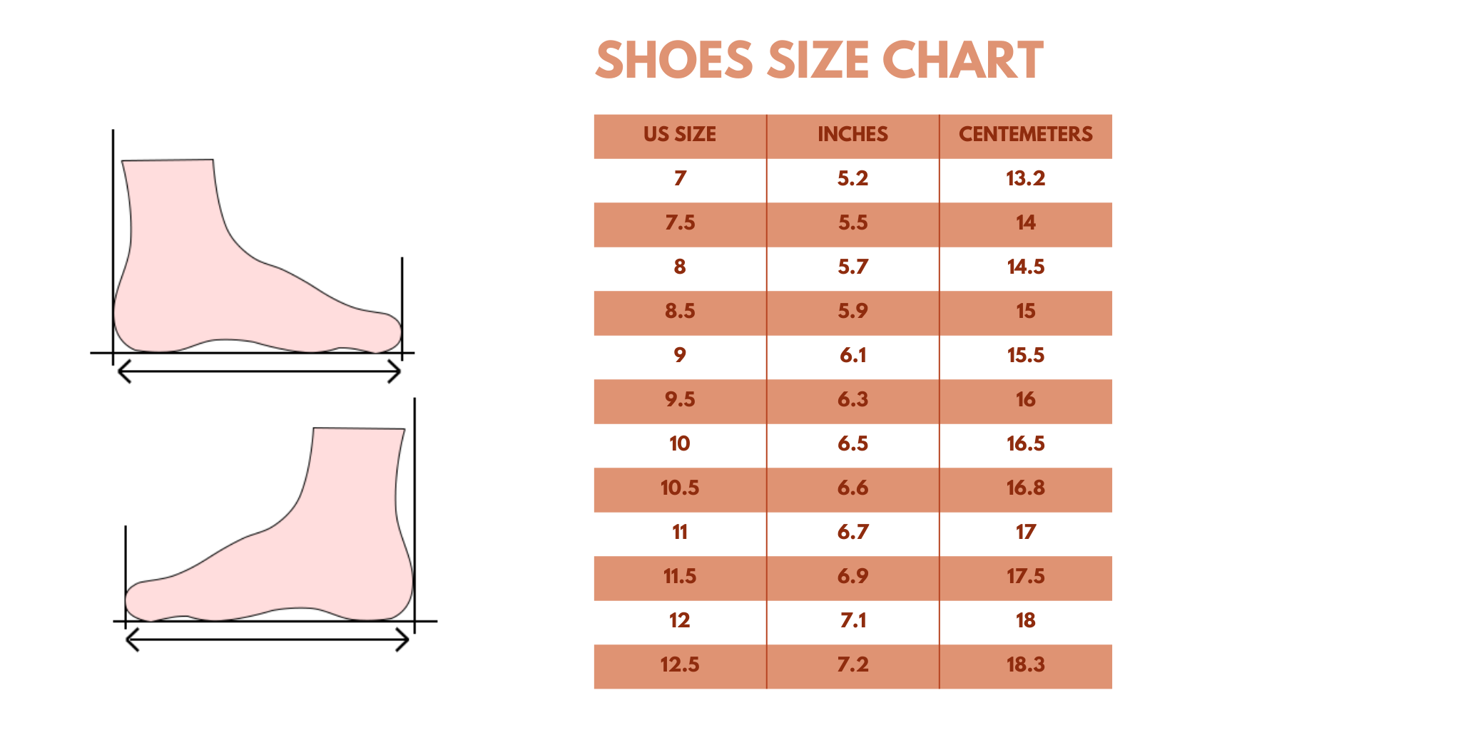 Shoes sizing chart supplied by Honeydew USA. U.S. shoe sizes with measurements in inches and centimeters.