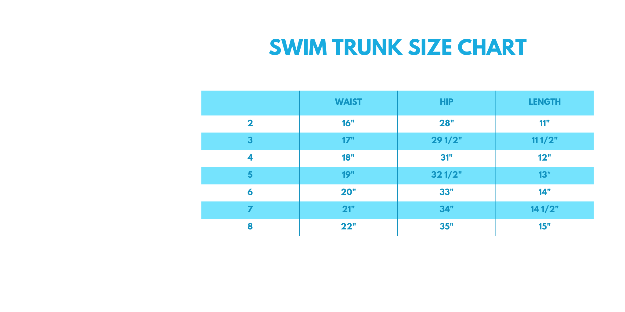 Boys’ swim trunks sizing chart supplied by Honeydew USA. Waist, hip and length measurements.